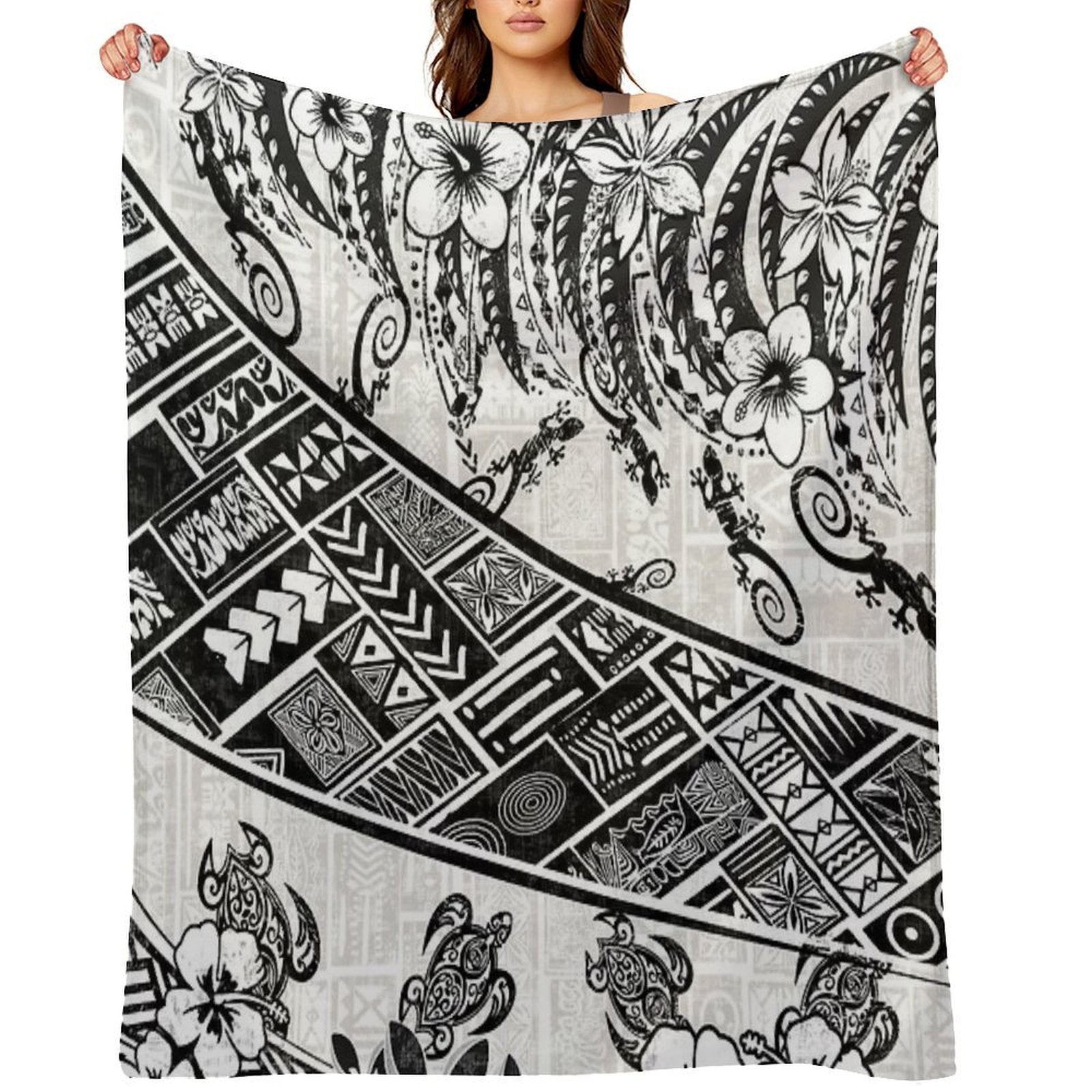 Black And White Polynesian Tribal Distressed Gift-ready Throw Blanket