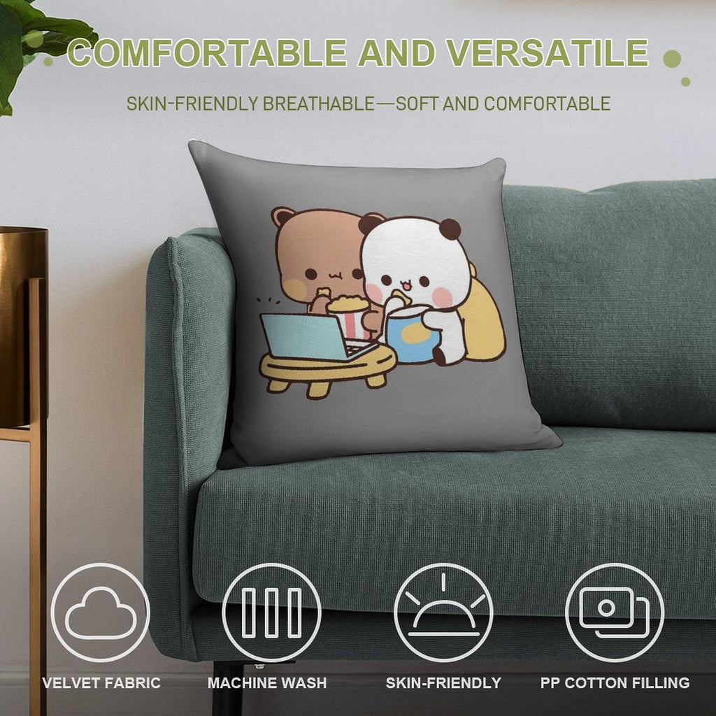 DuDu Bear And BuBu Panda Watching Movie Together❤️ Soft Washable Throw Pillow
