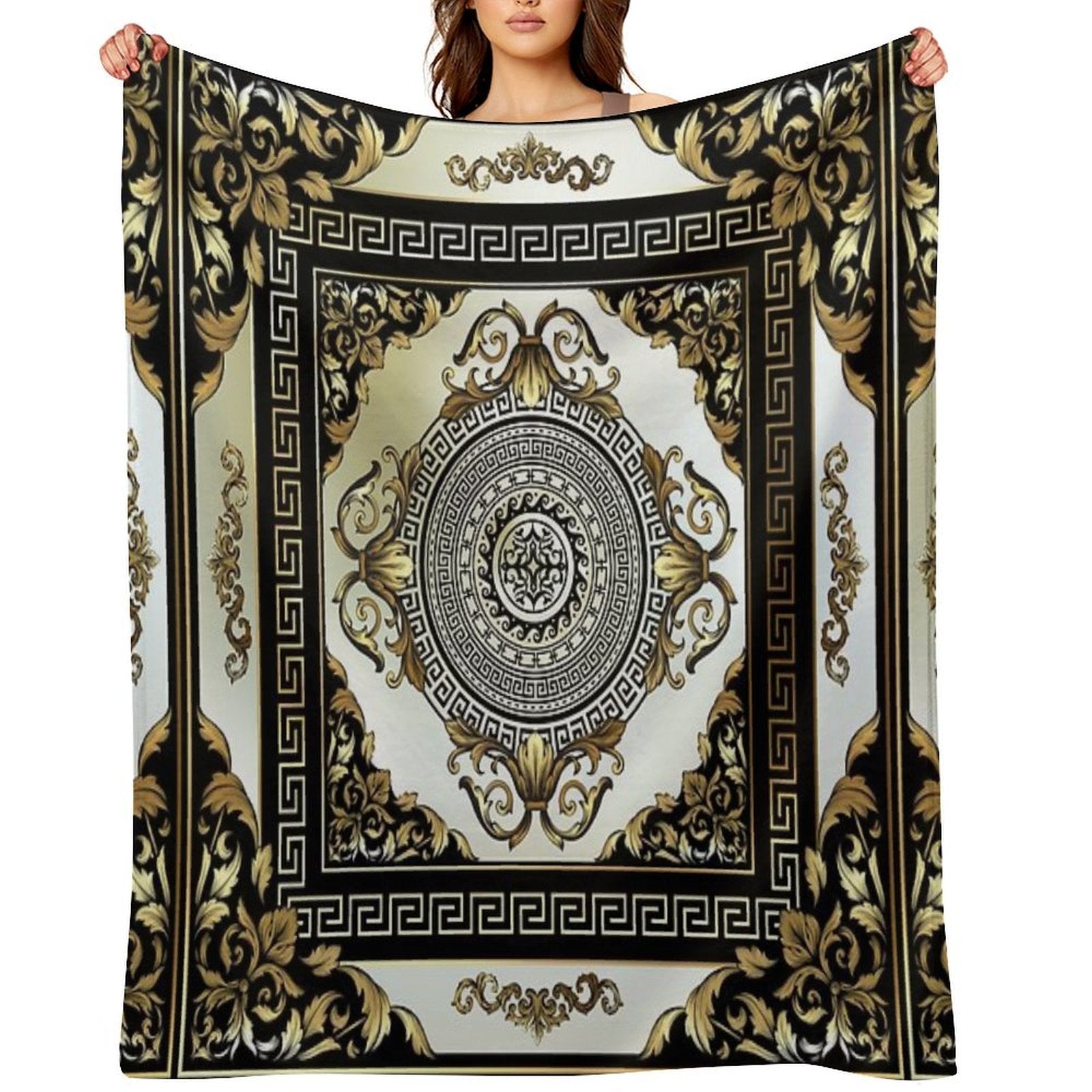 Ornate Baroque Cream Gold Black Greek Key 2 Anti-pilling Throw Blanket