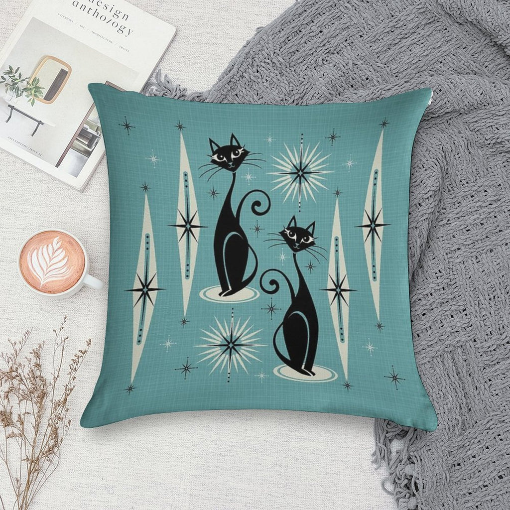 Mid Century Meow on Blue - Large Scale Soft Bedroom Essential Throw Pillow