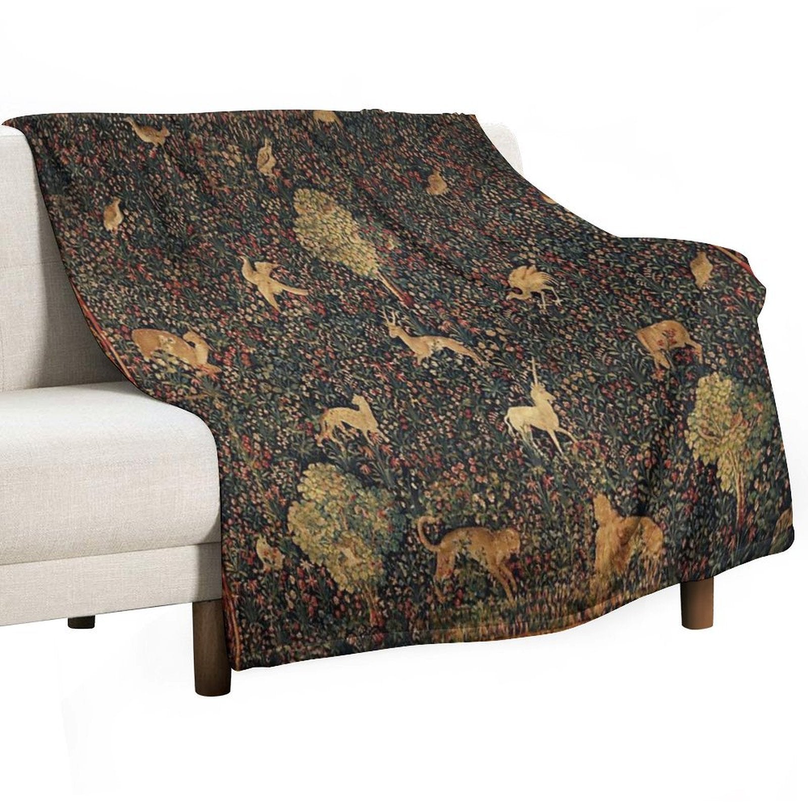 UNICORN AND MEDIEVAL BESTIARY Millefleurs Red Green Floral Tapestry ,Forest Animals, Premium Throw Blanket