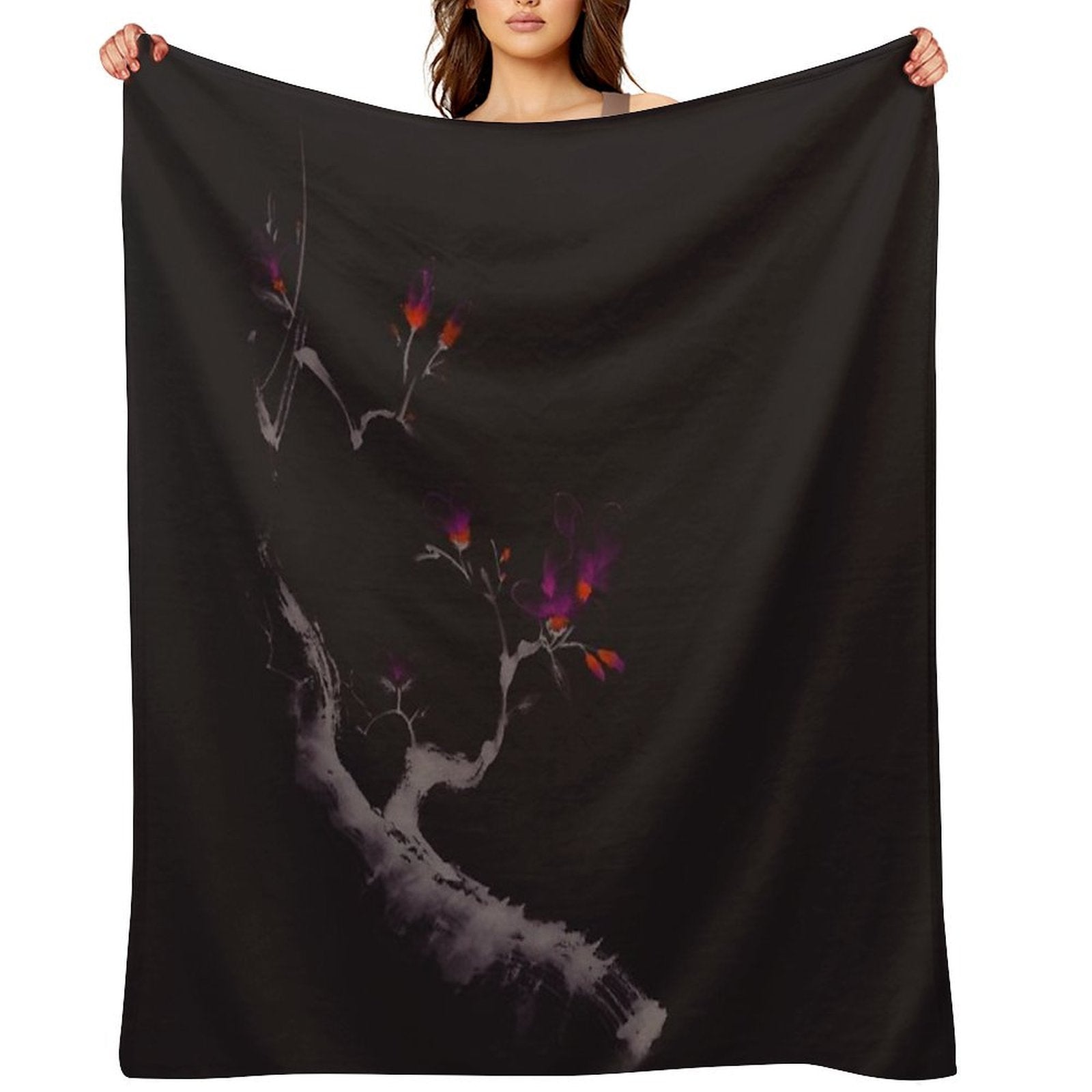 Enchanting Oriental Artwork of A Budding Sakura Branch with Deep Violet Flowers Art Print Travel-friendly Throw Blanket