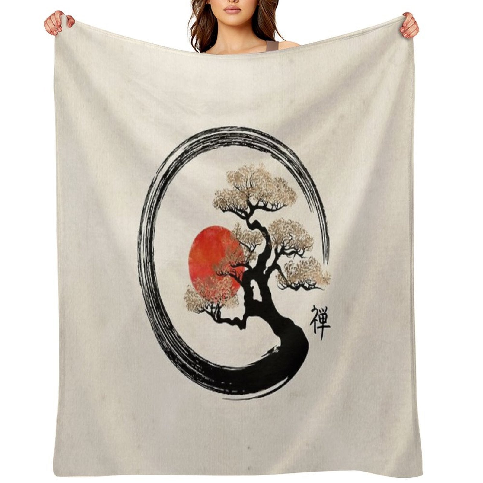 Enso Circle And Bonsai Tree on Canvas Sustainable Throw Blanket