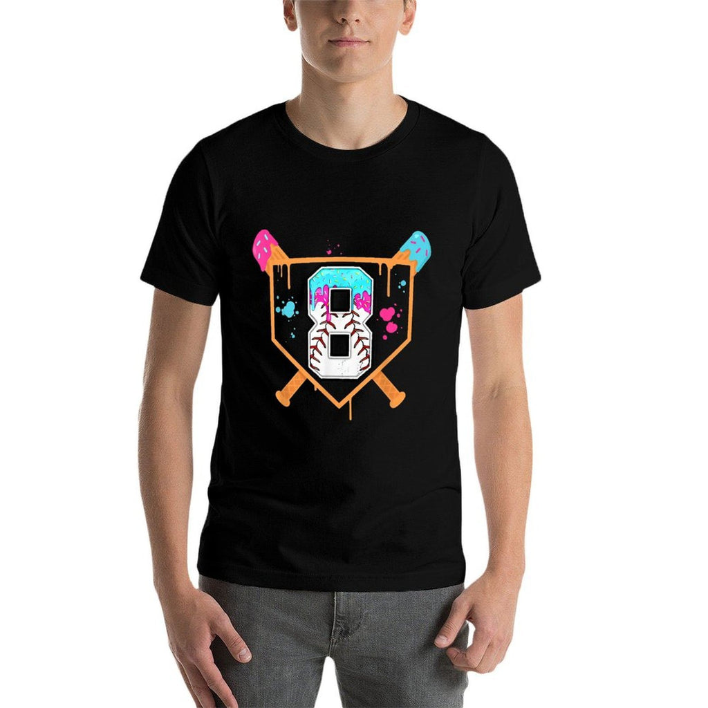 Baseball 8th Birthday Ice Cream Drip 8 Year Old Birthday Boy  Summer-ready Fabric T-Shirt