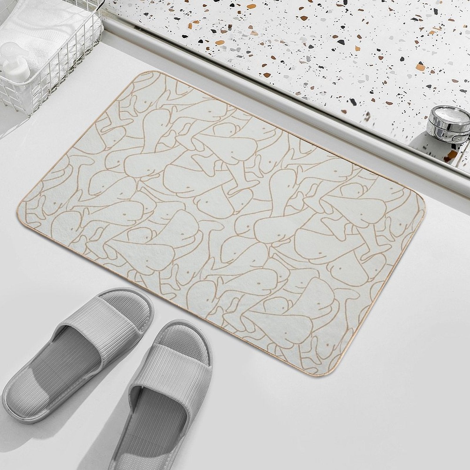Seamless Line Drawing Whale Pattern Mint Green And Beige  Slip-Resistant Bath Mat
