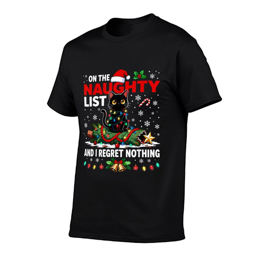 I Regret Nothing On The Naughty List Christmas Black Cat  Ribbed Collar T-Shirt