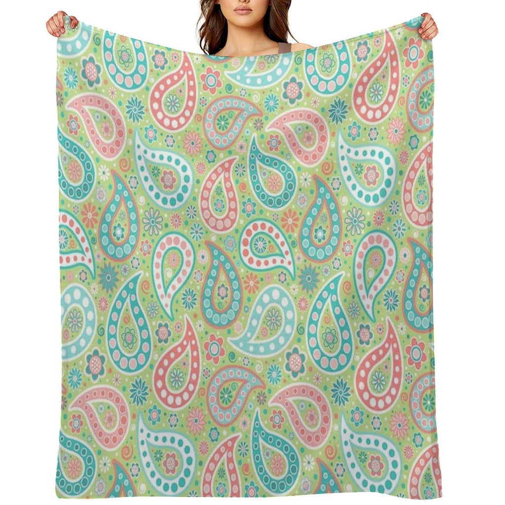 Paisley in Green, Turquoise Blue, Coral Pink And White Lightweight Throw Blanket