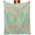 Paisley in Green, Turquoise Blue, Coral Pink And White Lightweight Throw Blanket