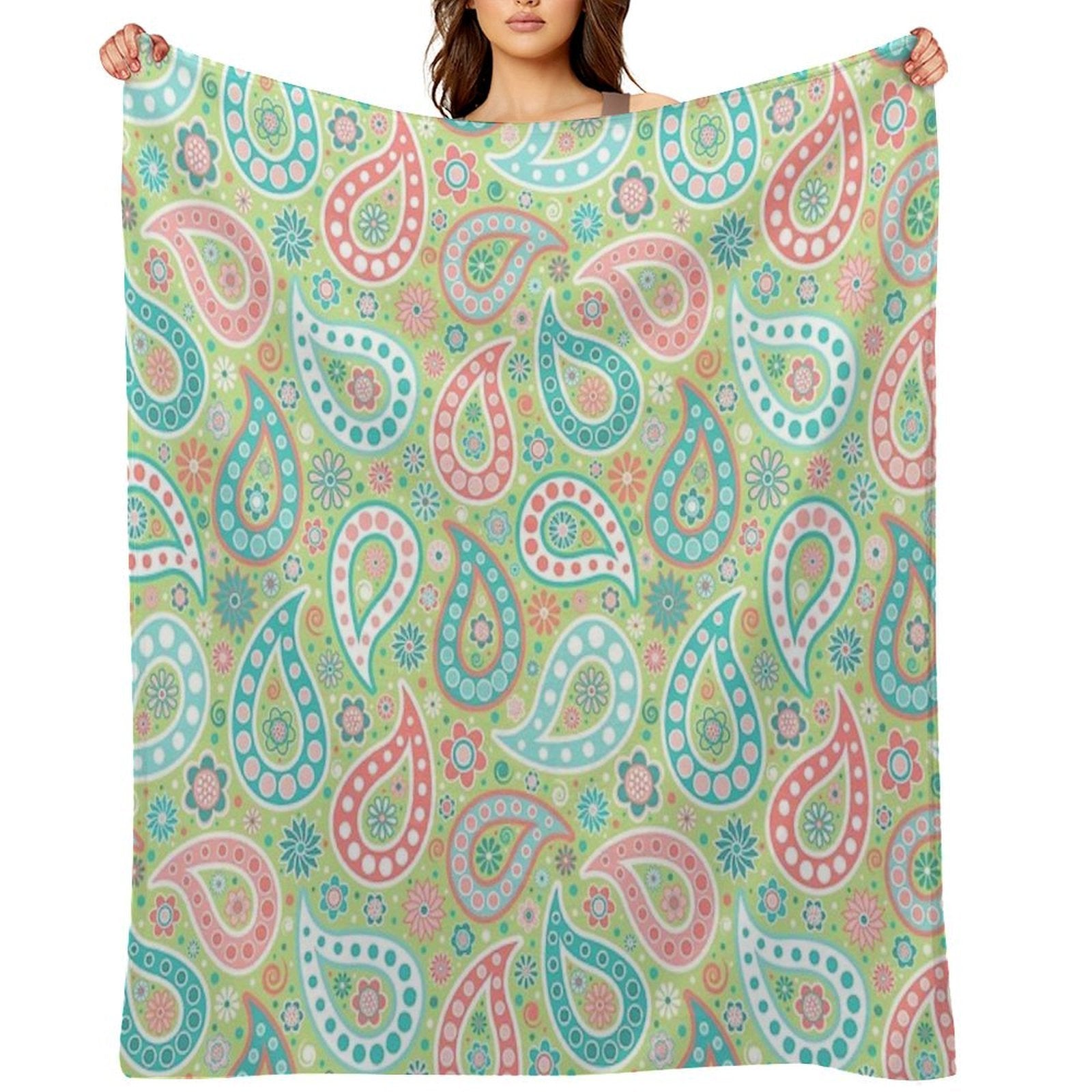 Paisley in Green, Turquoise Blue, Coral Pink And White Lightweight Throw Blanket