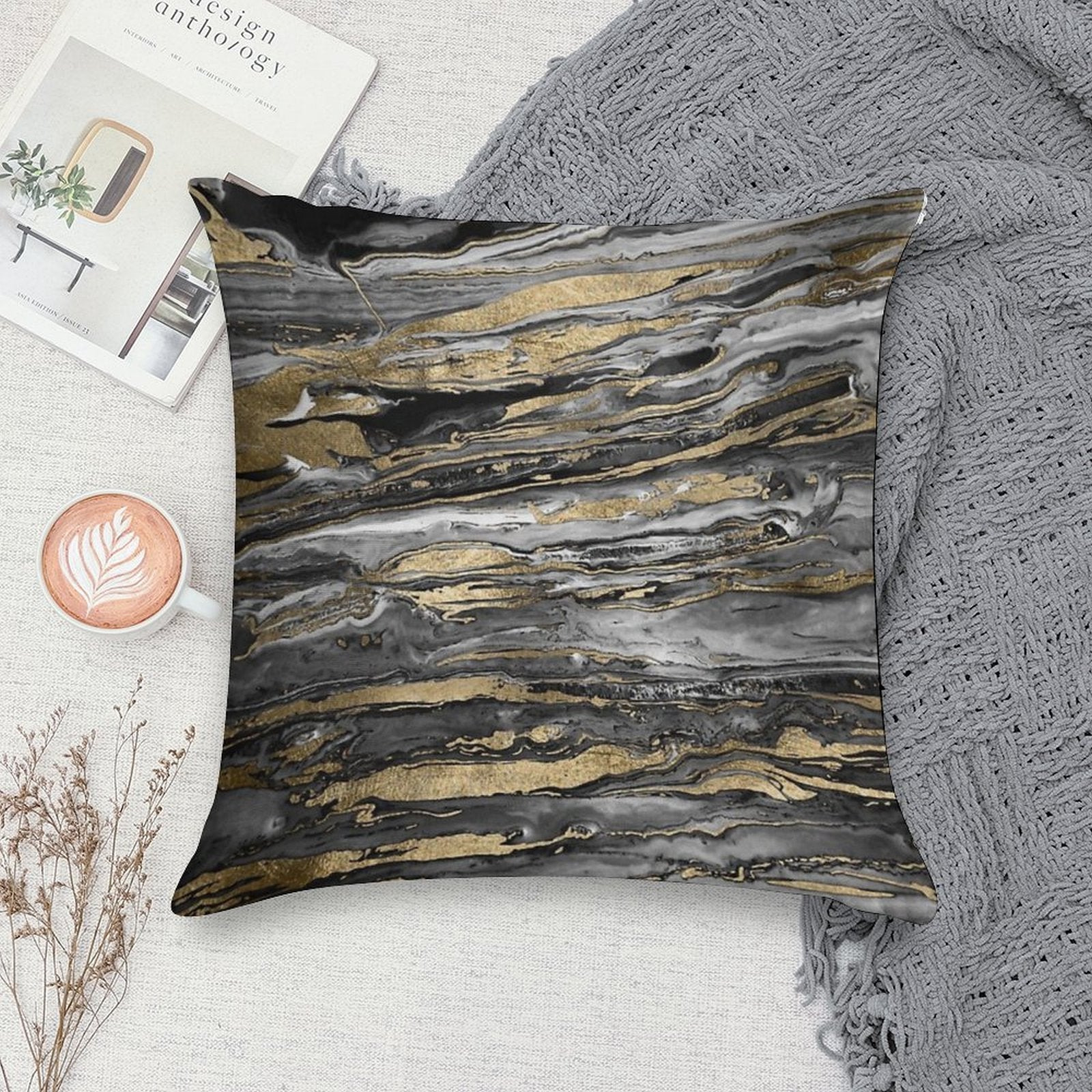 Stylish Grey Gold Abstract Marble Soft Easy Maintenance Throw Pillow