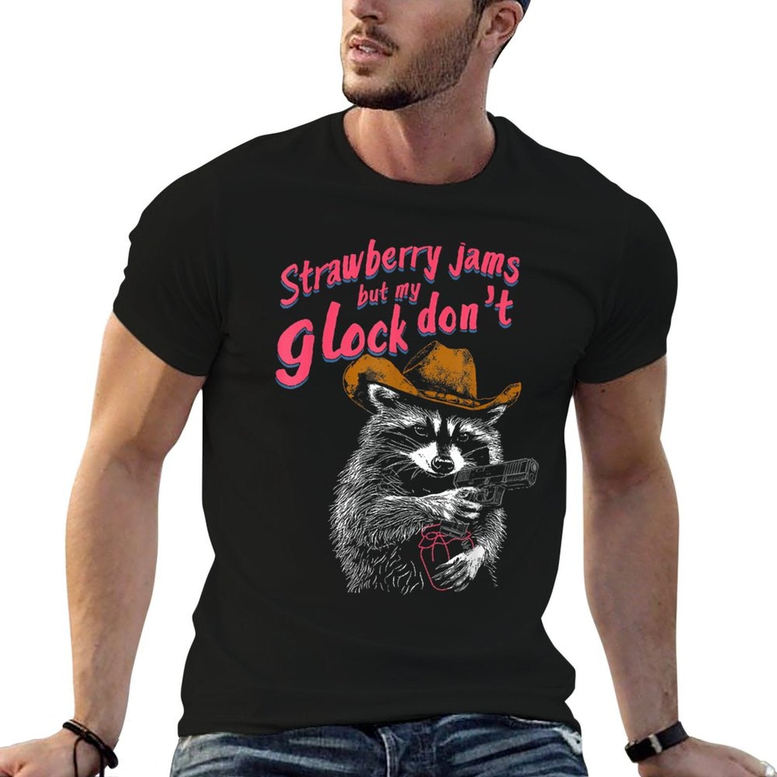 Strawberry Jams But My Dont Funny Raccoon  Heathered Texture T-Shirt