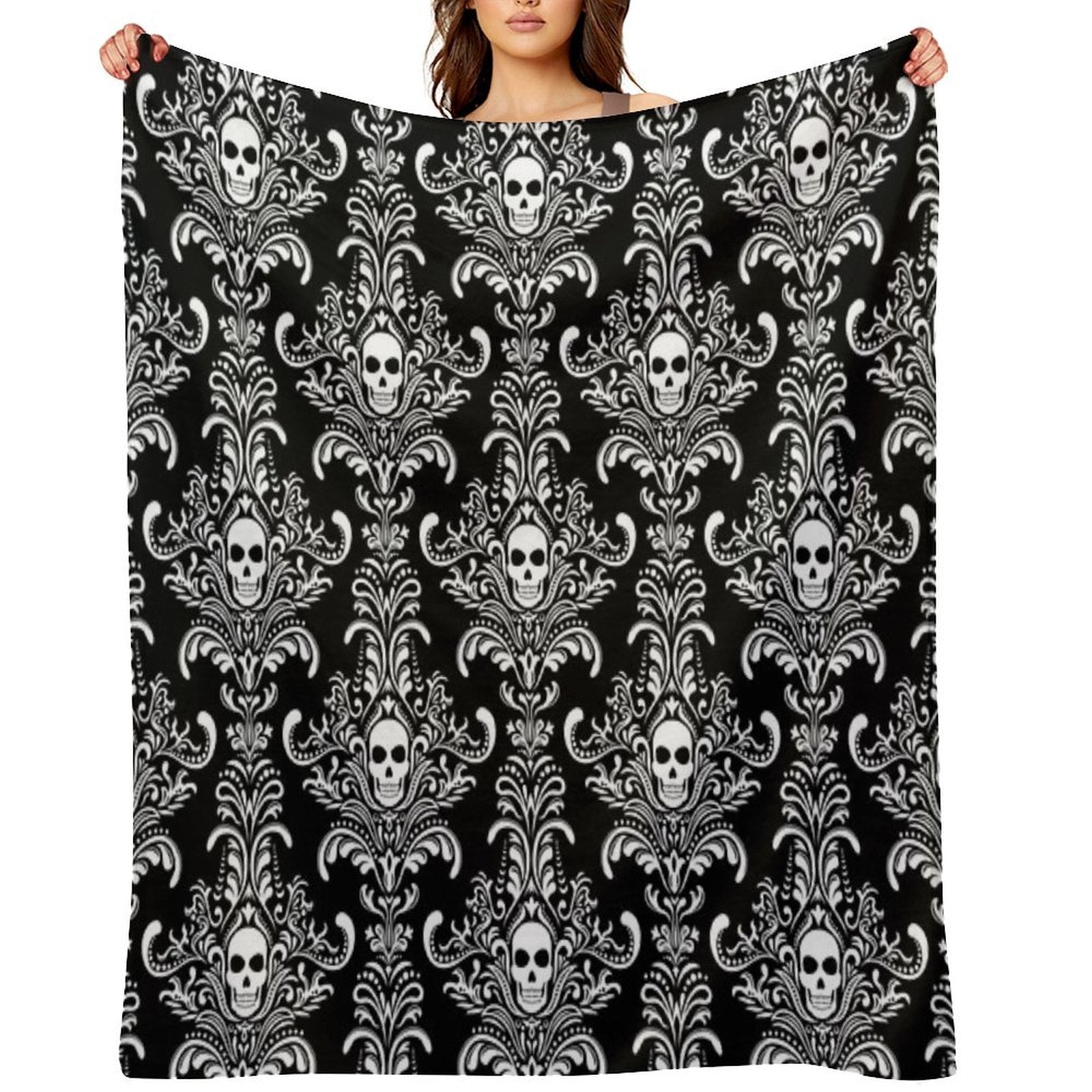 Skulls Damask Goth Halloween Pattern Travel-friendly Throw Blanket