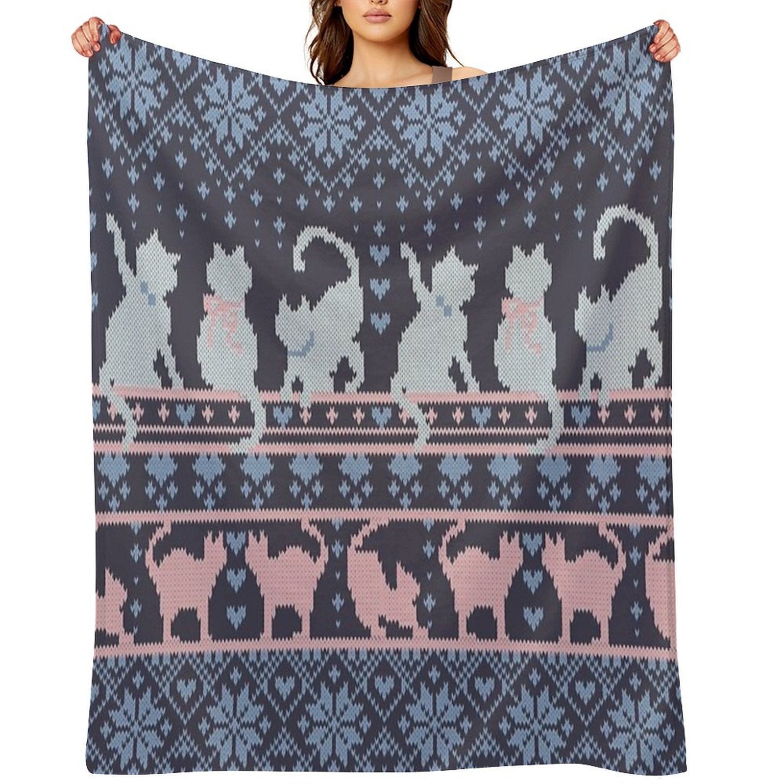 Fair Isle Knitting Cats Love  Dark Violet Background White And Violet Kitties And Details Travel-friendly Throw Blanket
