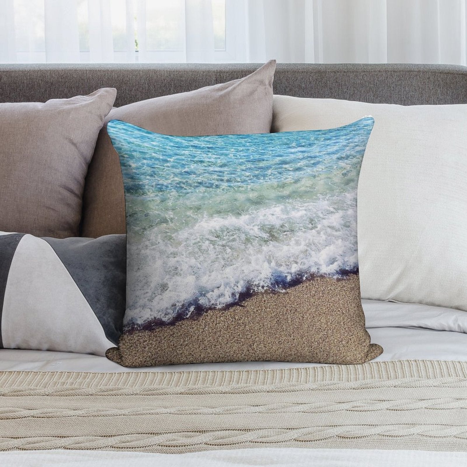 Ocean Blue Shore Waves Soft Reinforced Edging Throw Pillow