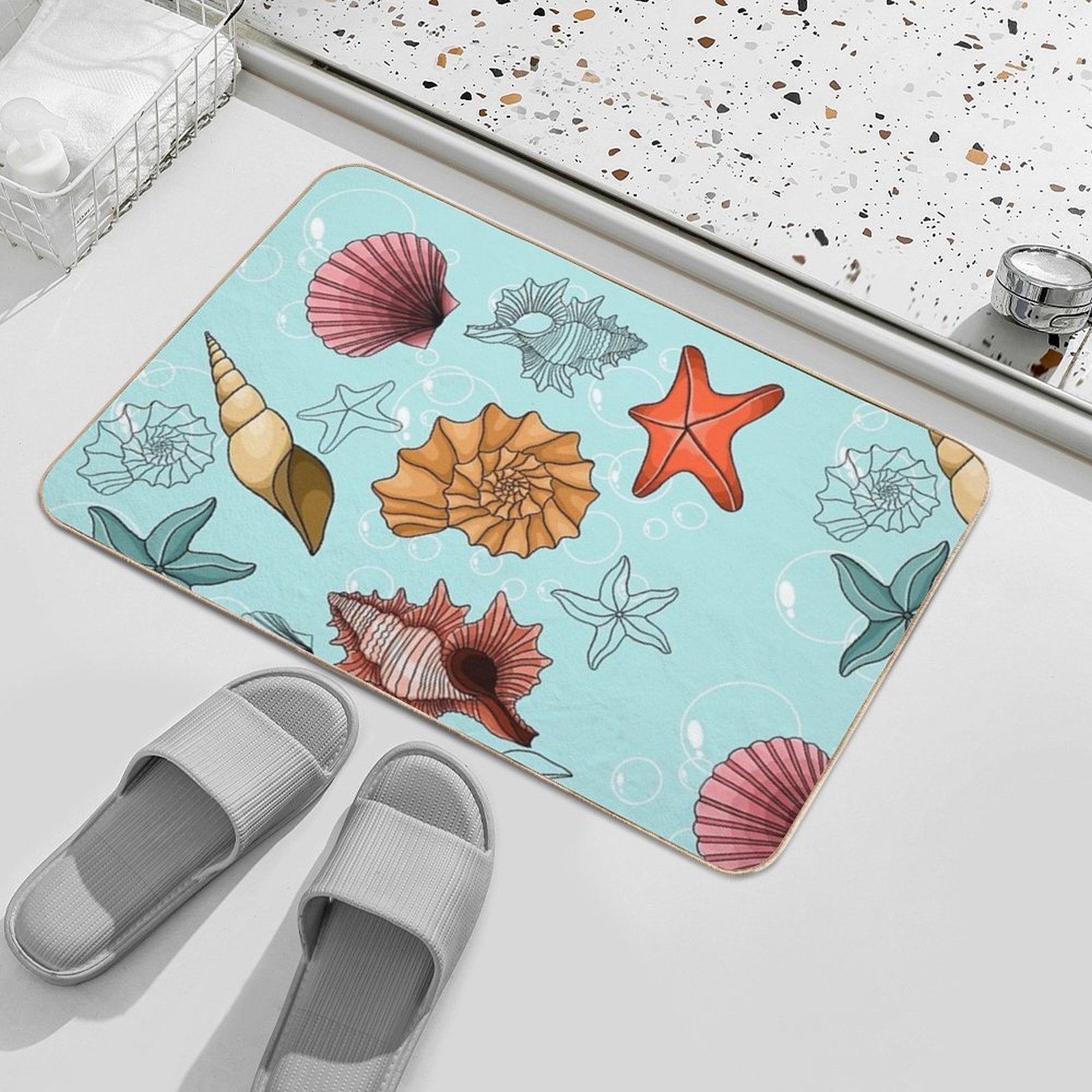 Marine Theme, Sea, Background, Beach, Summer, Ornament, Underwater, Starfish, Shells  Non-Slip Bath Mat
