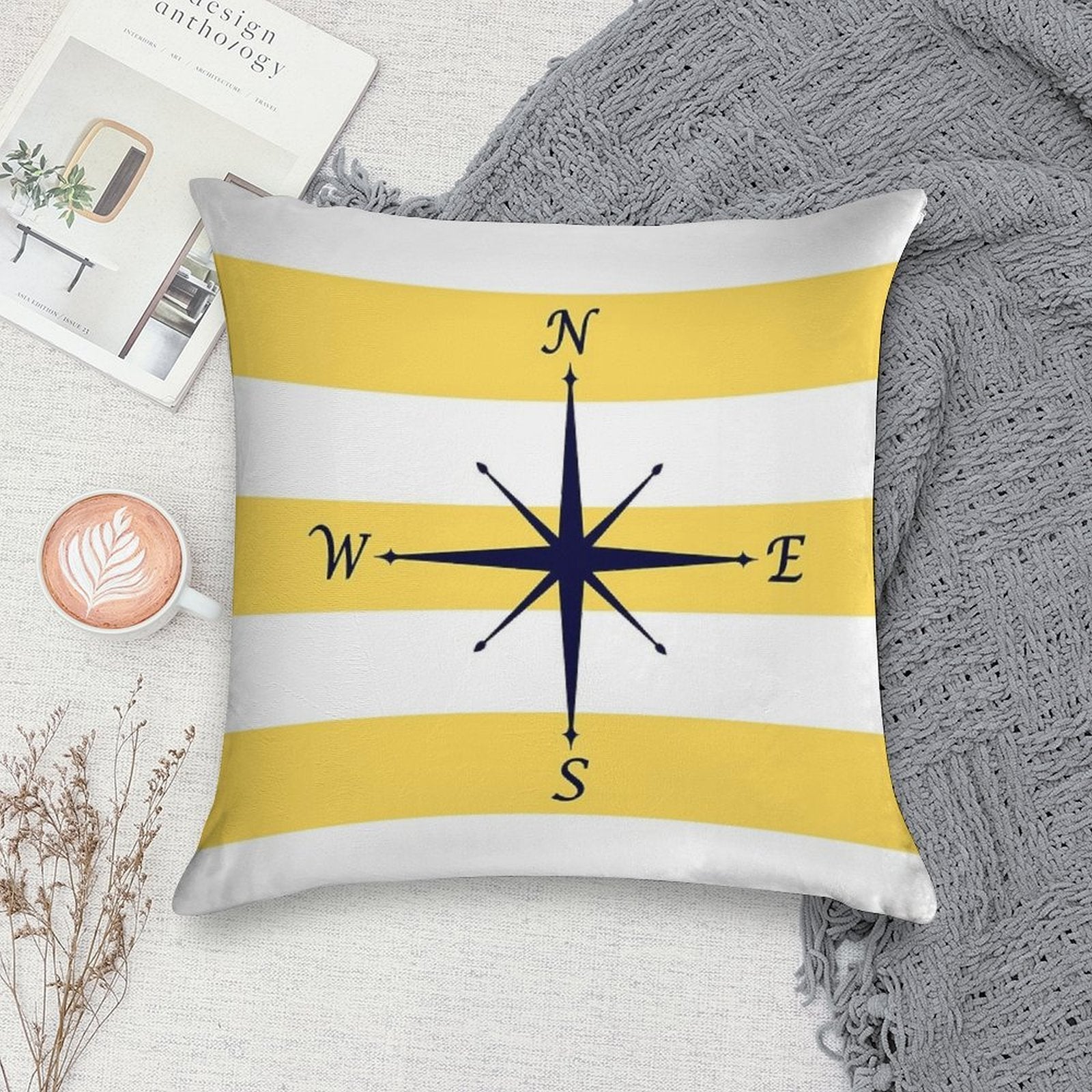 Navy Blue Compass On Mustard Yellow And White Stripes Soft Fade-Resistant Throw Pillow
