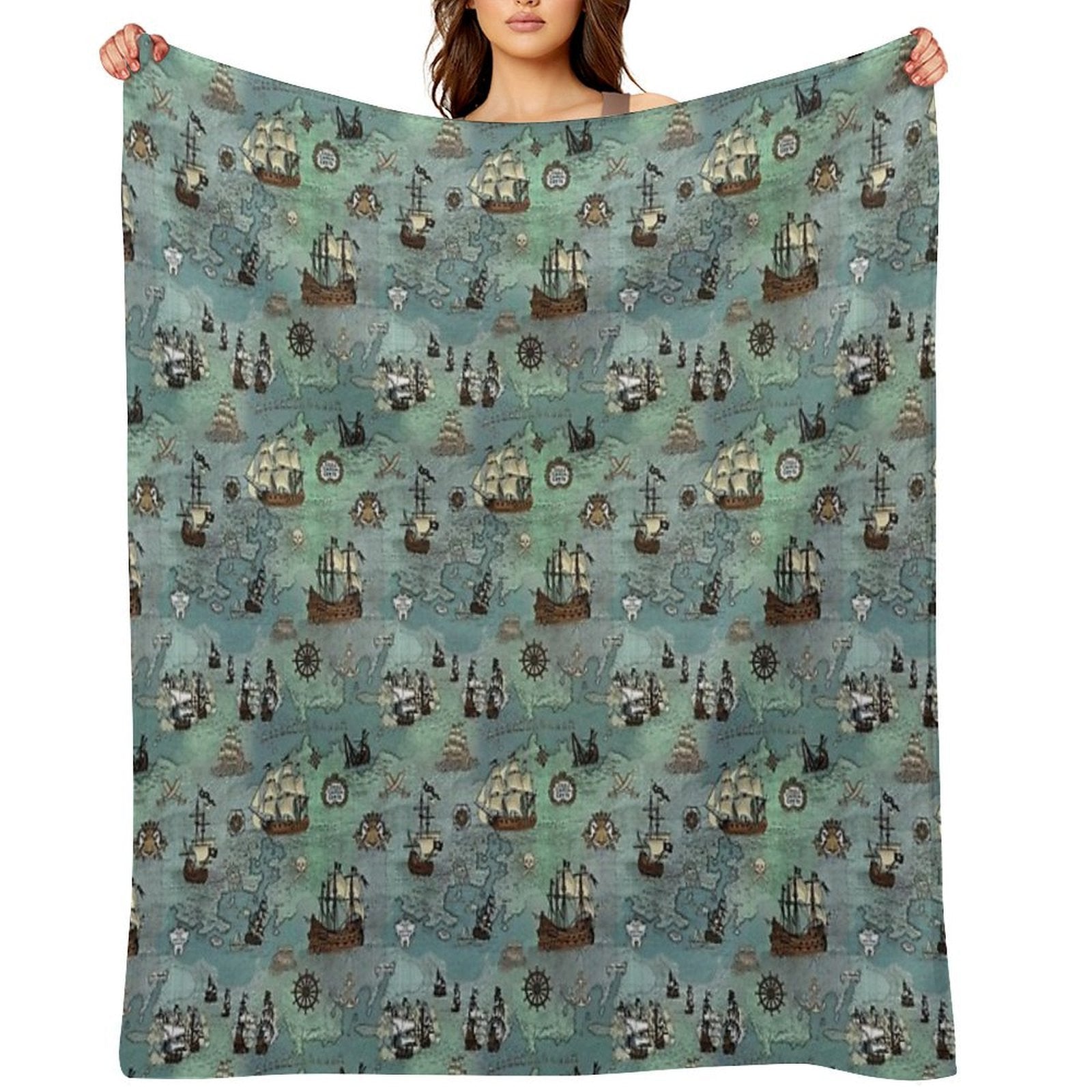 Pirate Map Nautical Sea Print Ocean Blue & Sea Glass Green Sustainable Throw Blanket