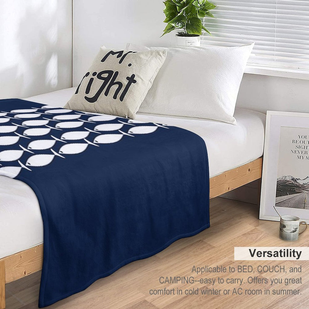 Fish Stripe 6 - Minimalist Midcentury Modern Fish in White And Nautical Navy Blue Eco-conscious Throw Blanket
