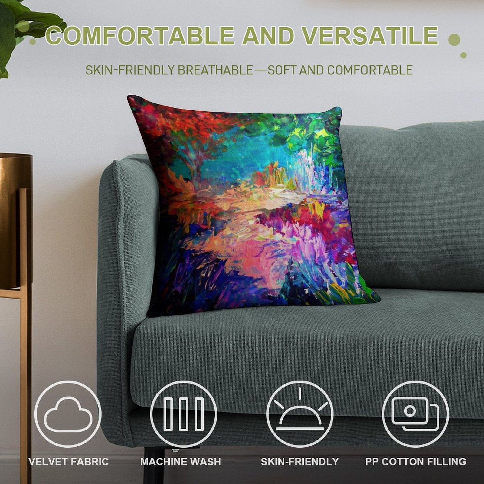 WELCOME TO UTOPIA Bold Rainbow Multicolor Abstract Painting Forest Nature Whimsical Fantasy Fine Art Soft Ultra-Soft Texture Throw Pillow