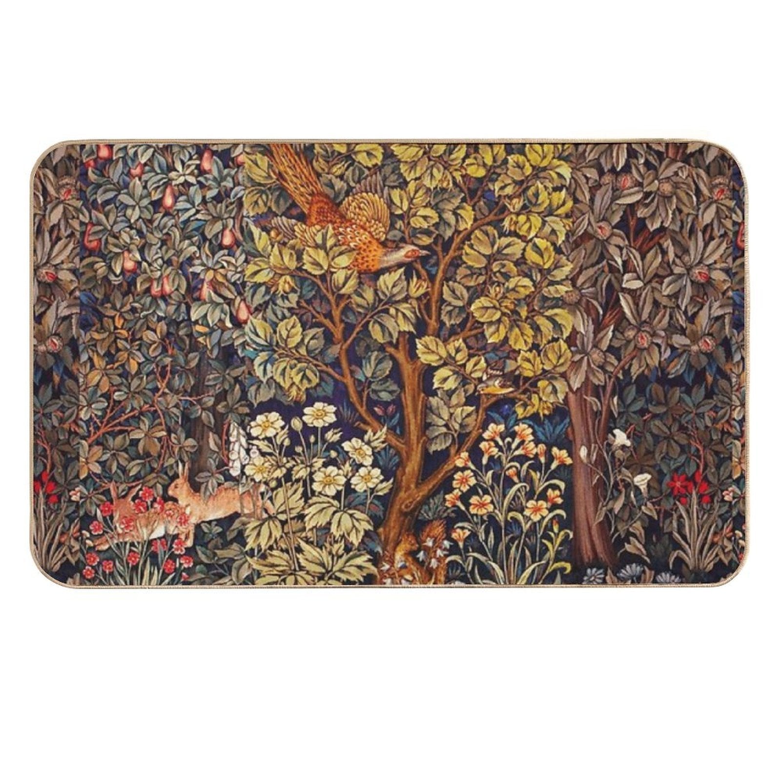 GREENERY,FOREST ANIMALS Pheasant on Autumn Tree,Squirrel,Hares,Red Yellow Floral Tapestry  Anti-Trip Bath Mat