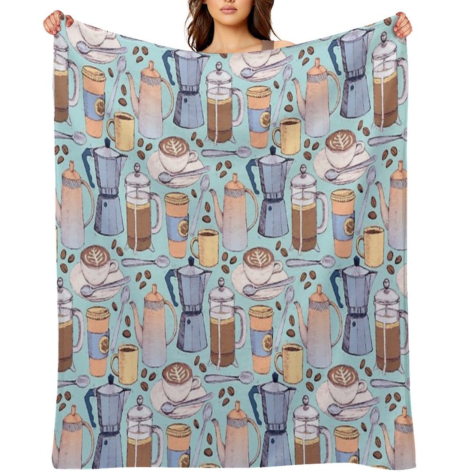 Coffee Love on Blue Shrink-resistant Throw Blanket