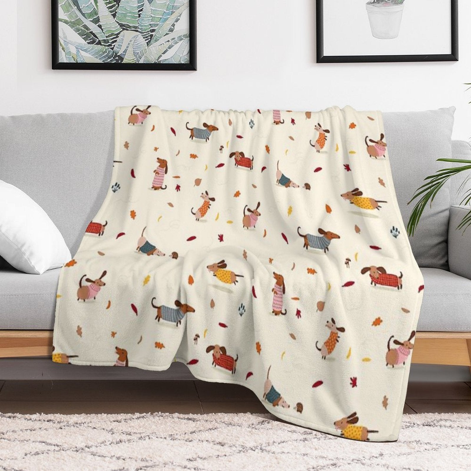 Cute Dachshunds in Winter Sweaters with Autumn Leaves Comfort Throw Blanket
