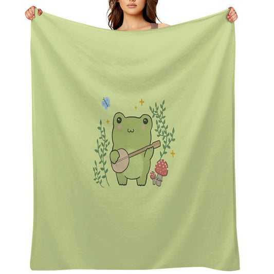 Kawaii Frog Playing Banjo Toad Cottagecore Aesthetic Mushroom And Blue Butterfly Velvety-soft Throw Blanket