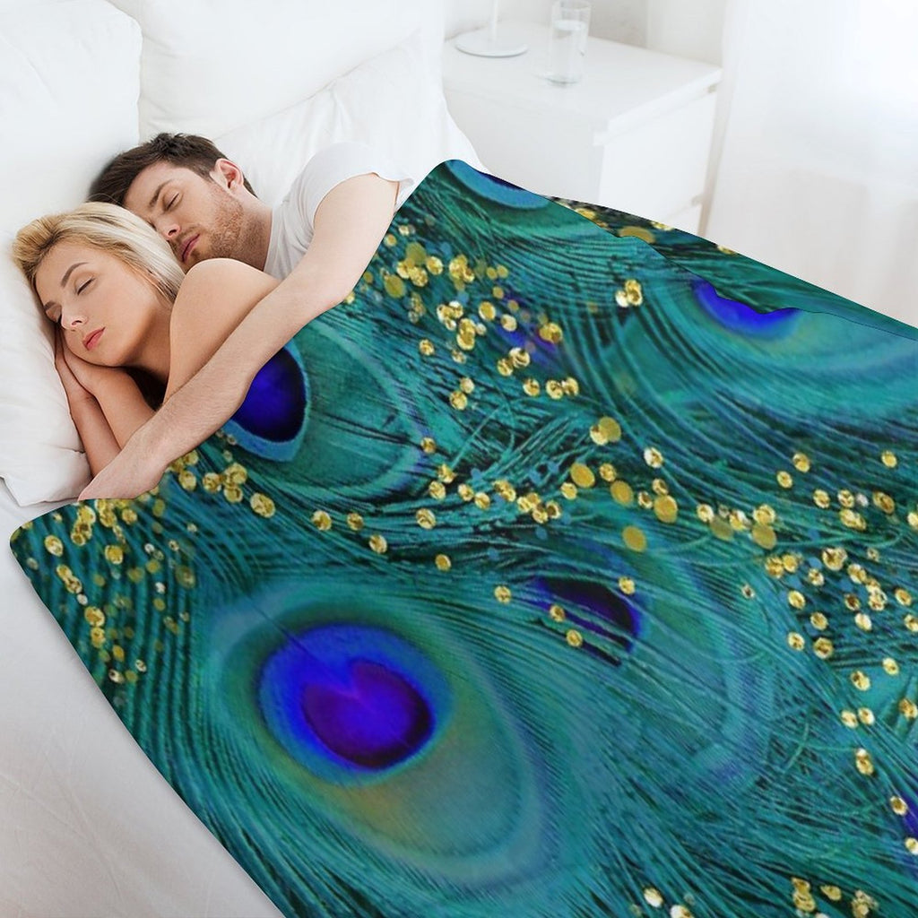 Dreamy Peacock Feathers, Teal And Purple, Glimmering Gold Shrink-resistant Throw Blanket