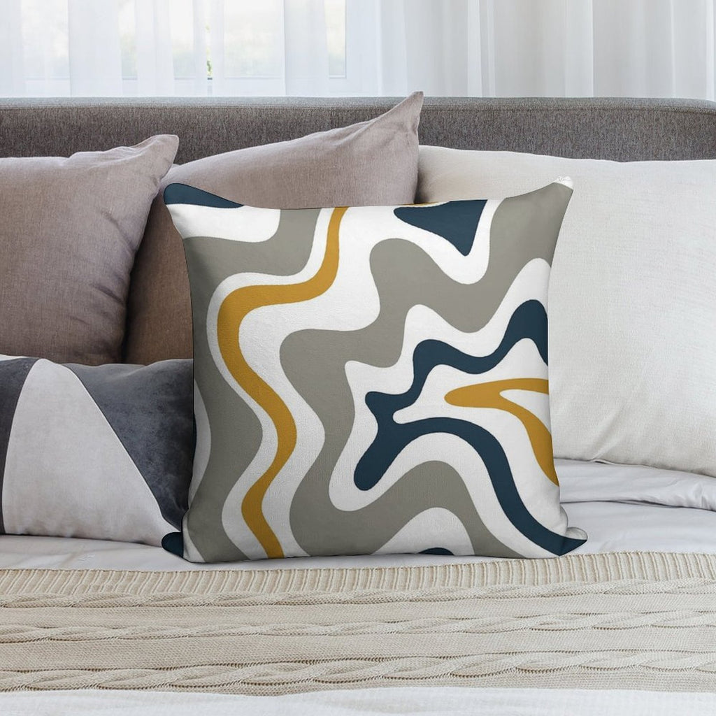 Liquid Swirl Contemporary Abstract in Mustard Yellow, Navy Blue, Grey, And White Soft Reinforced Edging Throw Pillow