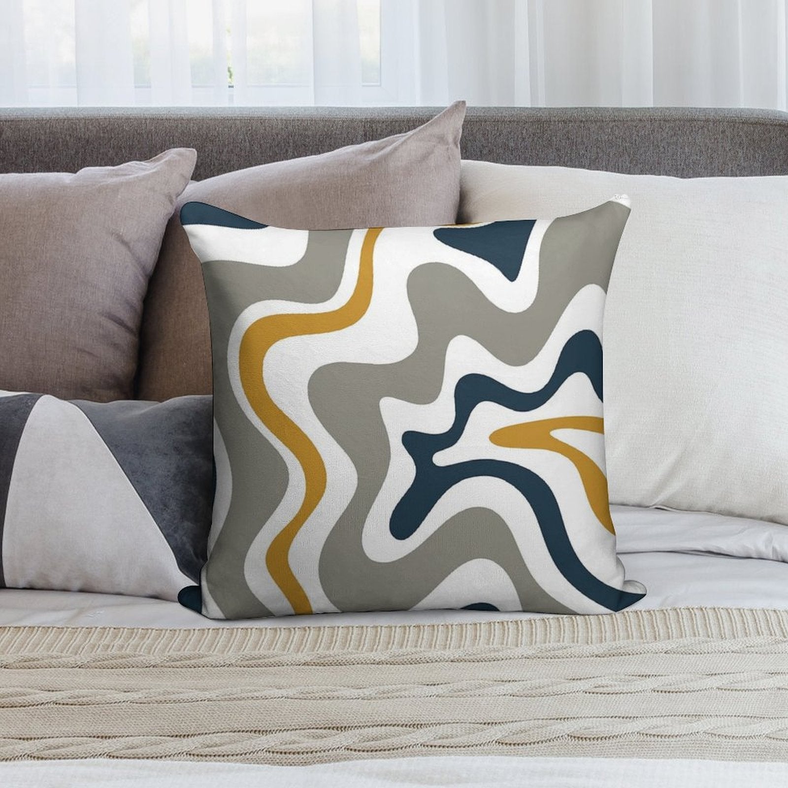 Liquid Swirl Contemporary Abstract in Mustard Yellow, Navy Blue, Grey, And White Soft Reinforced Edging Throw Pillow
