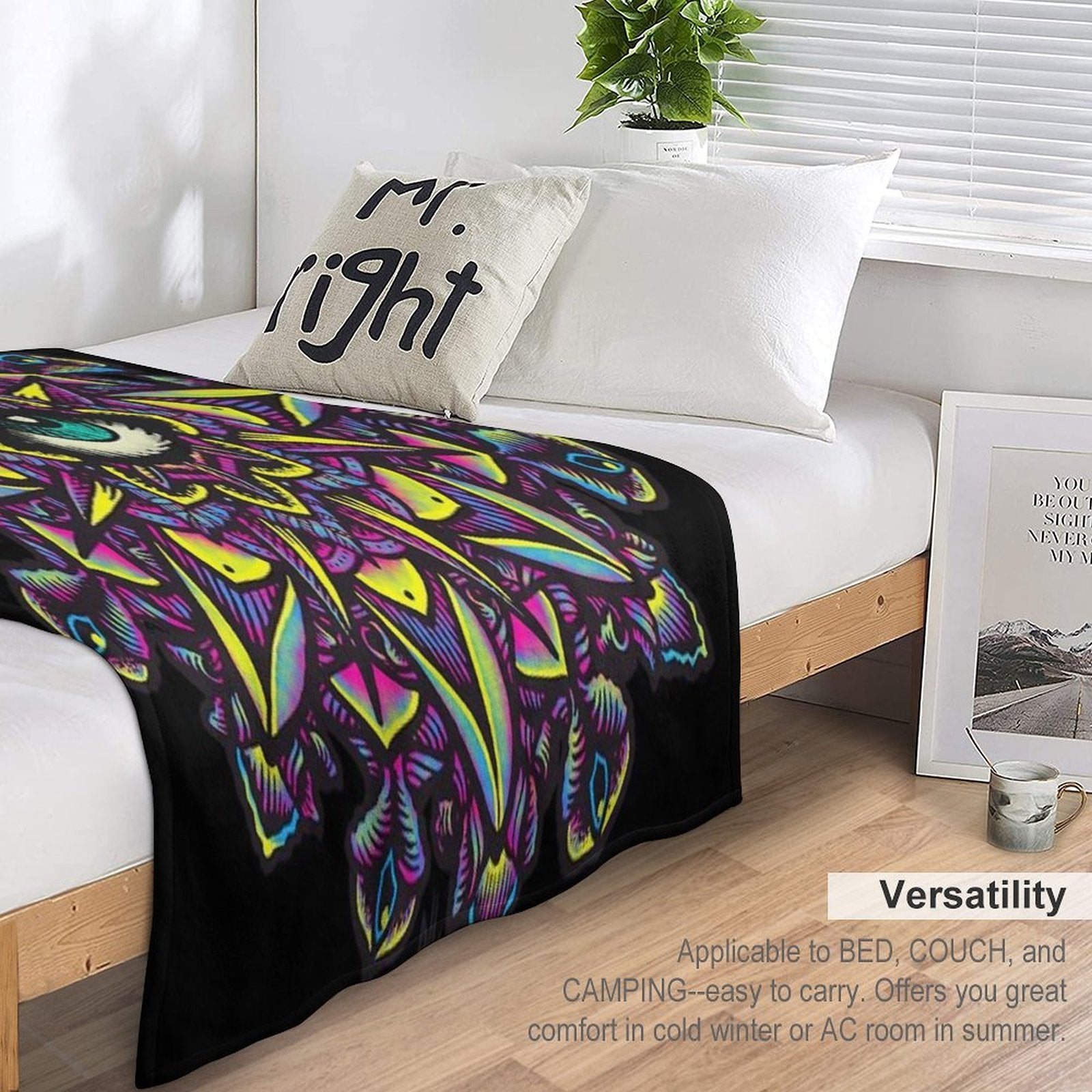 Dharma Wheel Neon Mandala Eye Machine-washable Throw Blanket