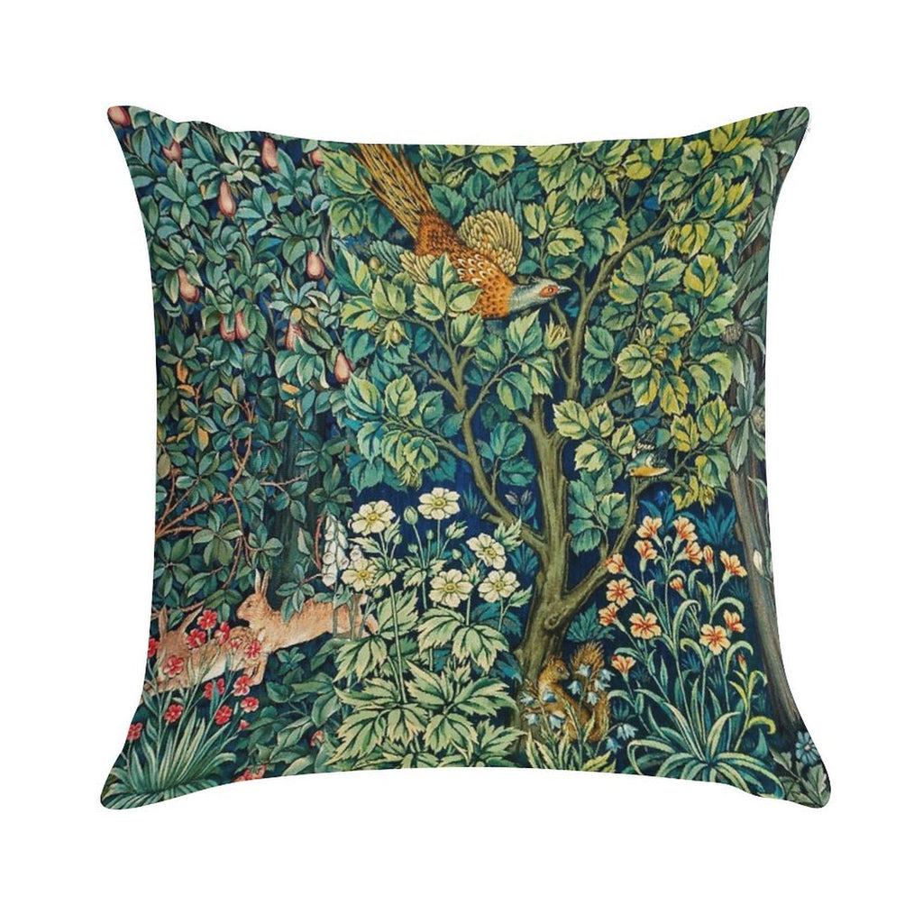 GREENERY,FOREST ANIMALS Pheasant on Tree,Squirrel,Hares,Blue Green Floral Tapestry Soft Style Accent Throw Pillow