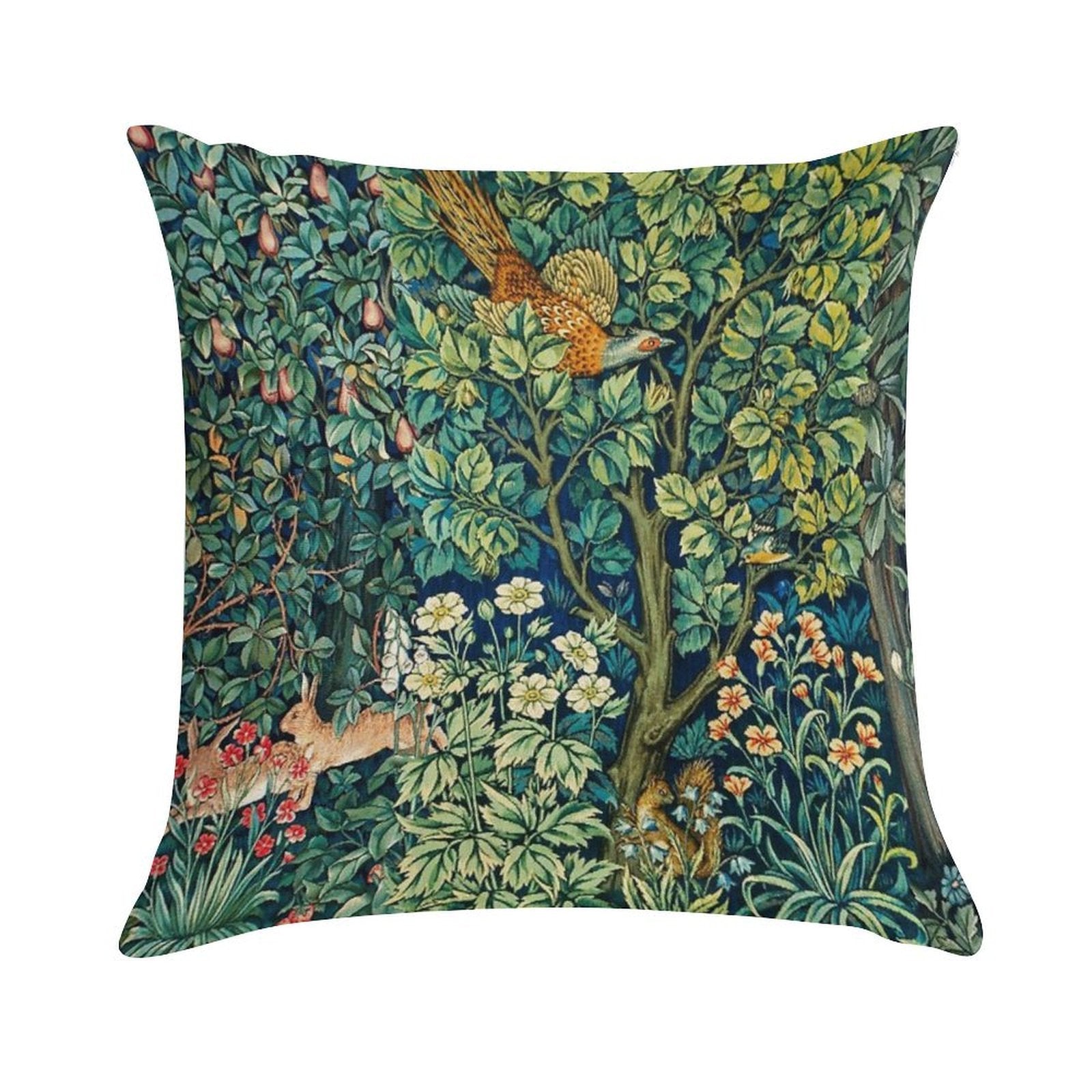 GREENERY,FOREST ANIMALS Pheasant on Tree,Squirrel,Hares,Blue Green Floral Tapestry Soft Style Accent Throw Pillow