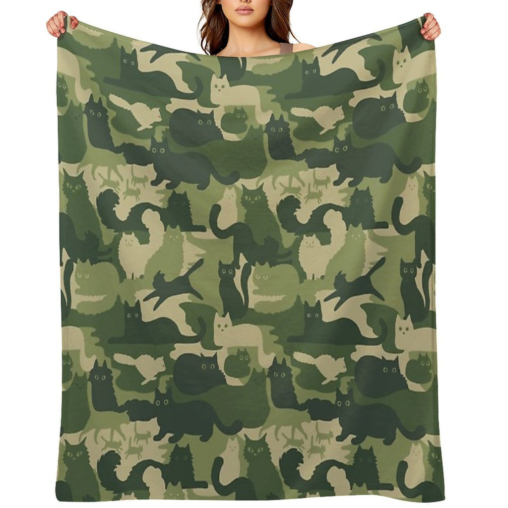 Camouflage Pattern with Cats  Green Cat Camo Sustainable Throw Blanket