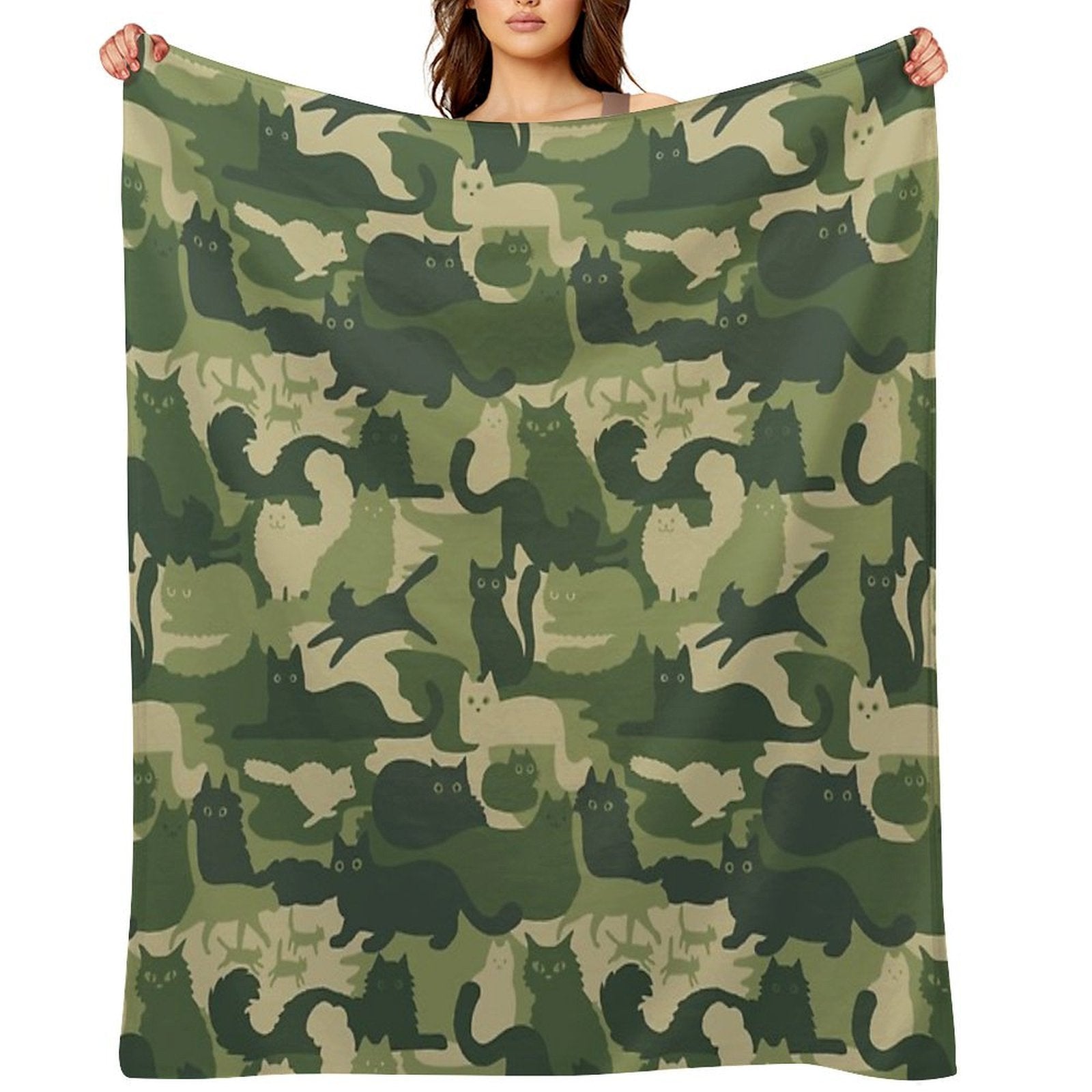 Camouflage Pattern with Cats  Green Cat Camo Sustainable Throw Blanket