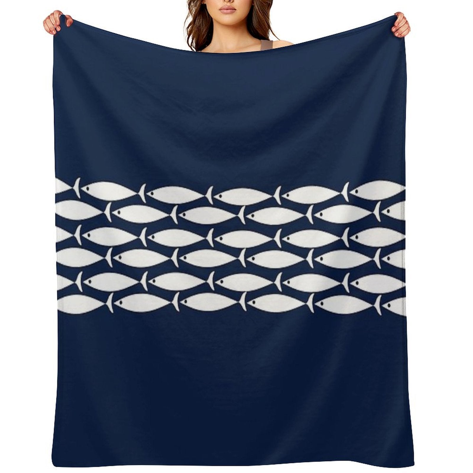 Fish Stripe 6 - Minimalist Midcentury Modern Fish in White And Nautical Navy Blue Eco-conscious Throw Blanket