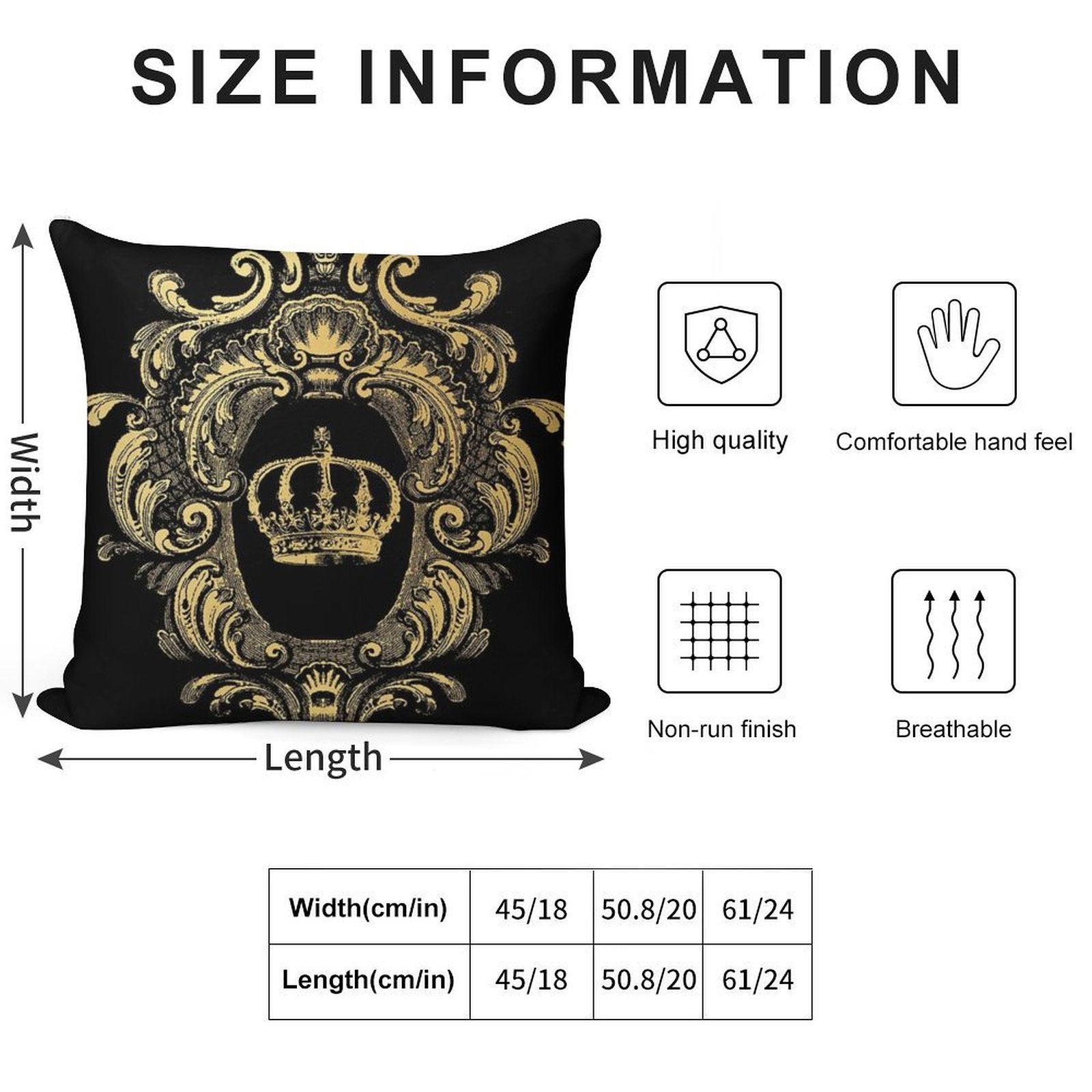 Ornate Gold Crown Black Soft Reinforced Edging Throw Pillow