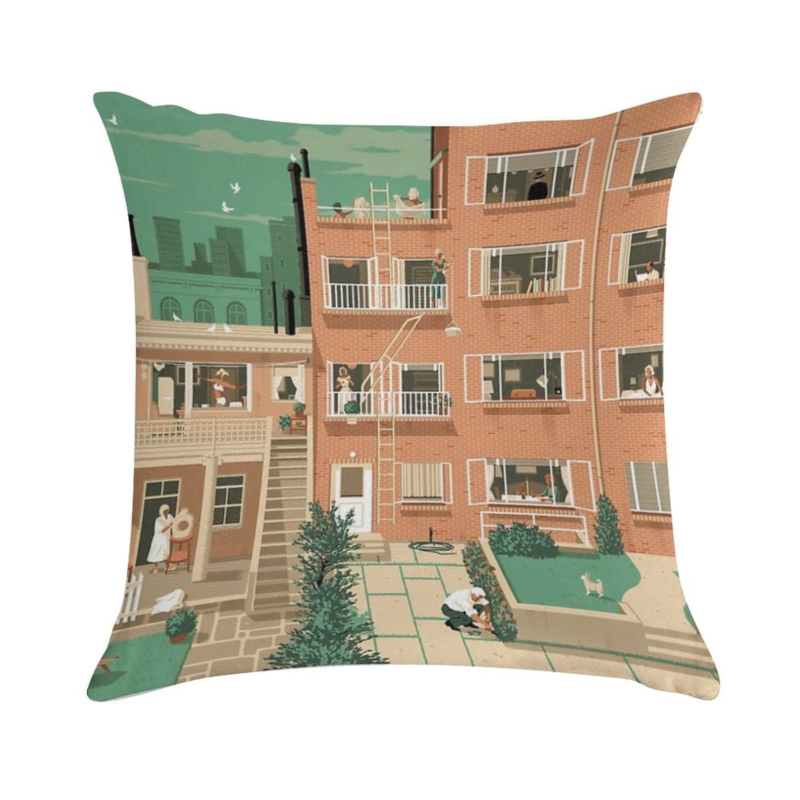 Travel Posters - Hitchcock's Rear Window - Greenwitch Village New York Soft Shrink-Resistant Throw Pillow