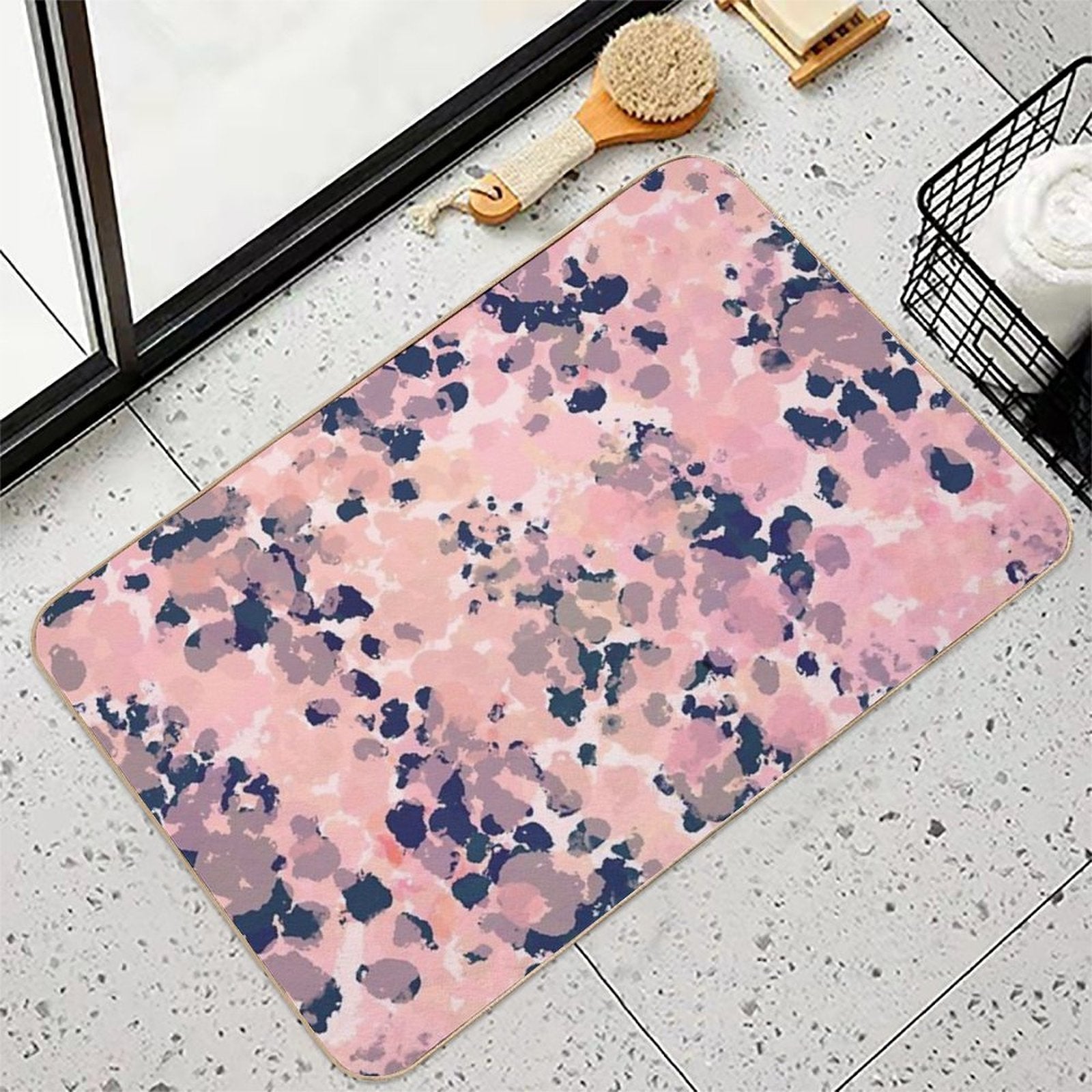 Smudgy Painted Abstract Pattern in Navy Blue, Pink, Taupe, And Blush  Eco-Friendly Bath Mat