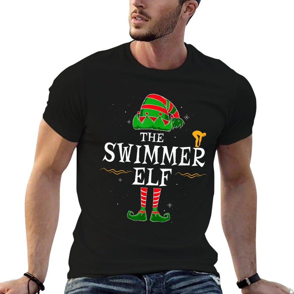 Swimmer Elf Group Matching Family Christmas Funny Swimming  Cotton T-Shirt