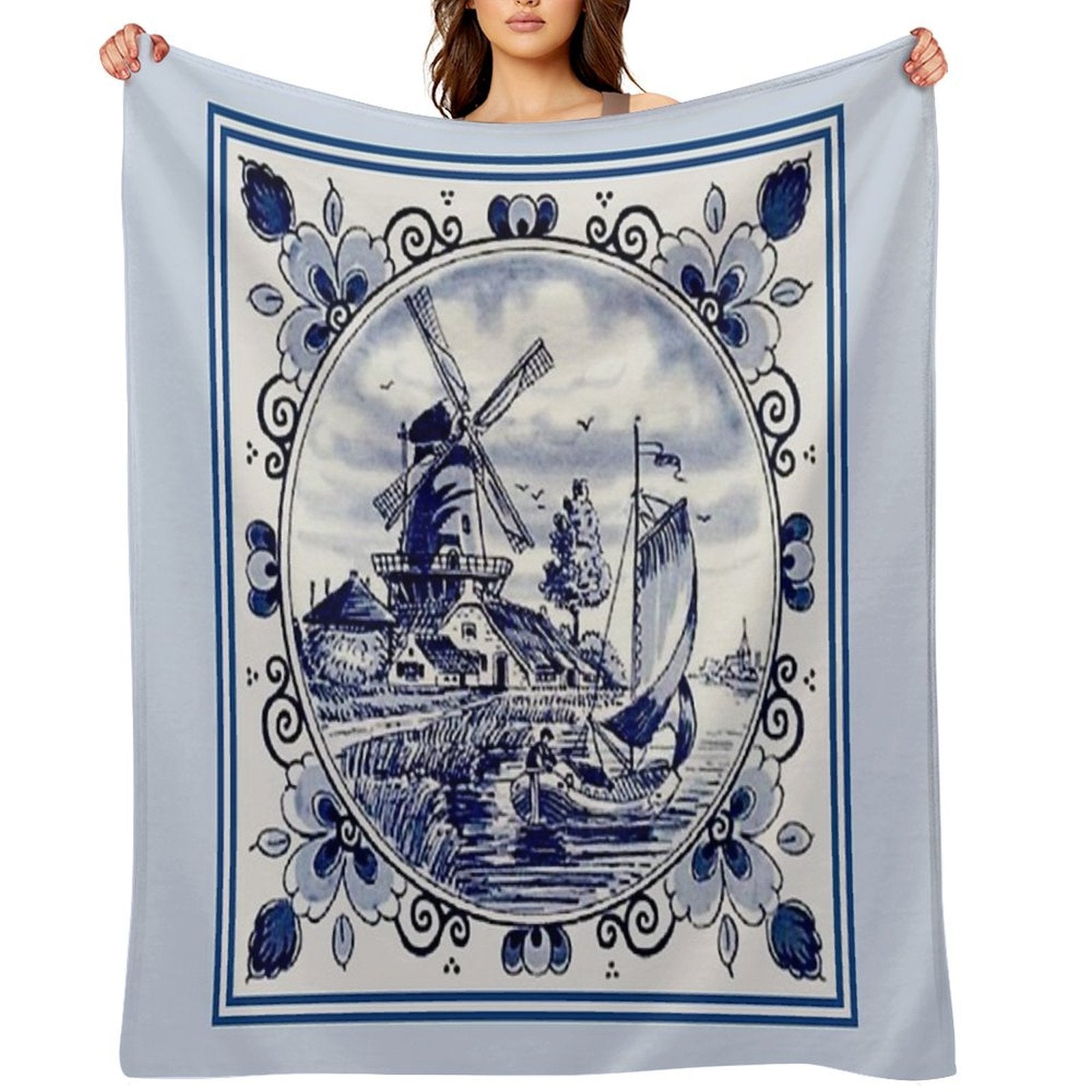 DUTCH BLUE DELFT Vintage Windmill Print Compact Throw Blanket
