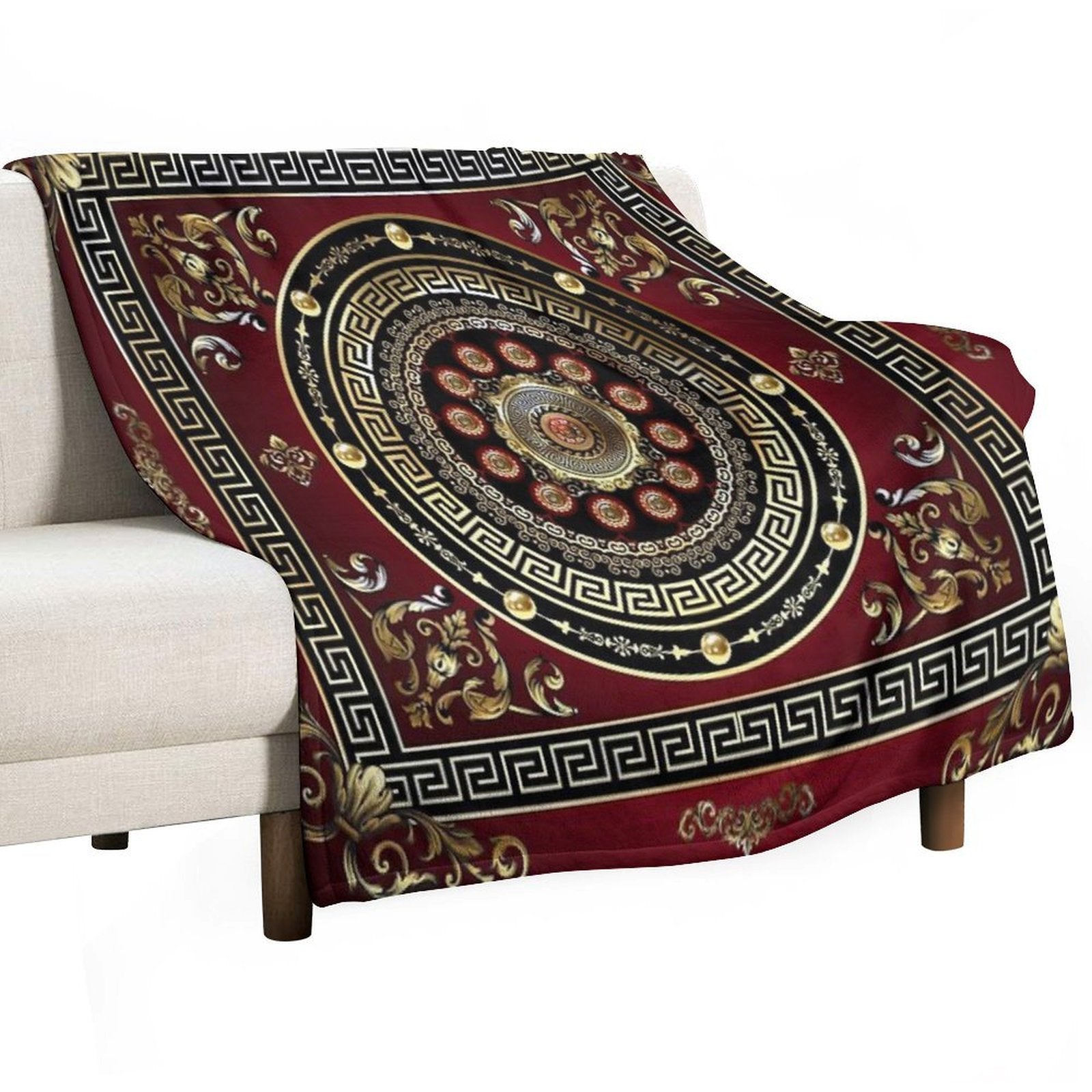 Greek Key Meander Red Gold Black Medallion Baroque Lightweight Throw Blanket