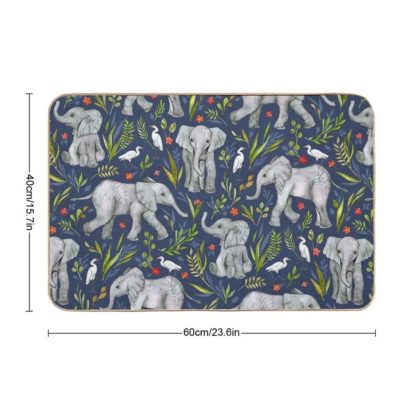 Baby Elephants And Egrets in Watercolor - Navy Blue  Odorless Bath Mat