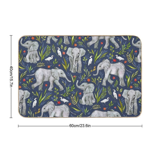Baby Elephants And Egrets in Watercolor - Navy Blue  Odorless Bath Mat