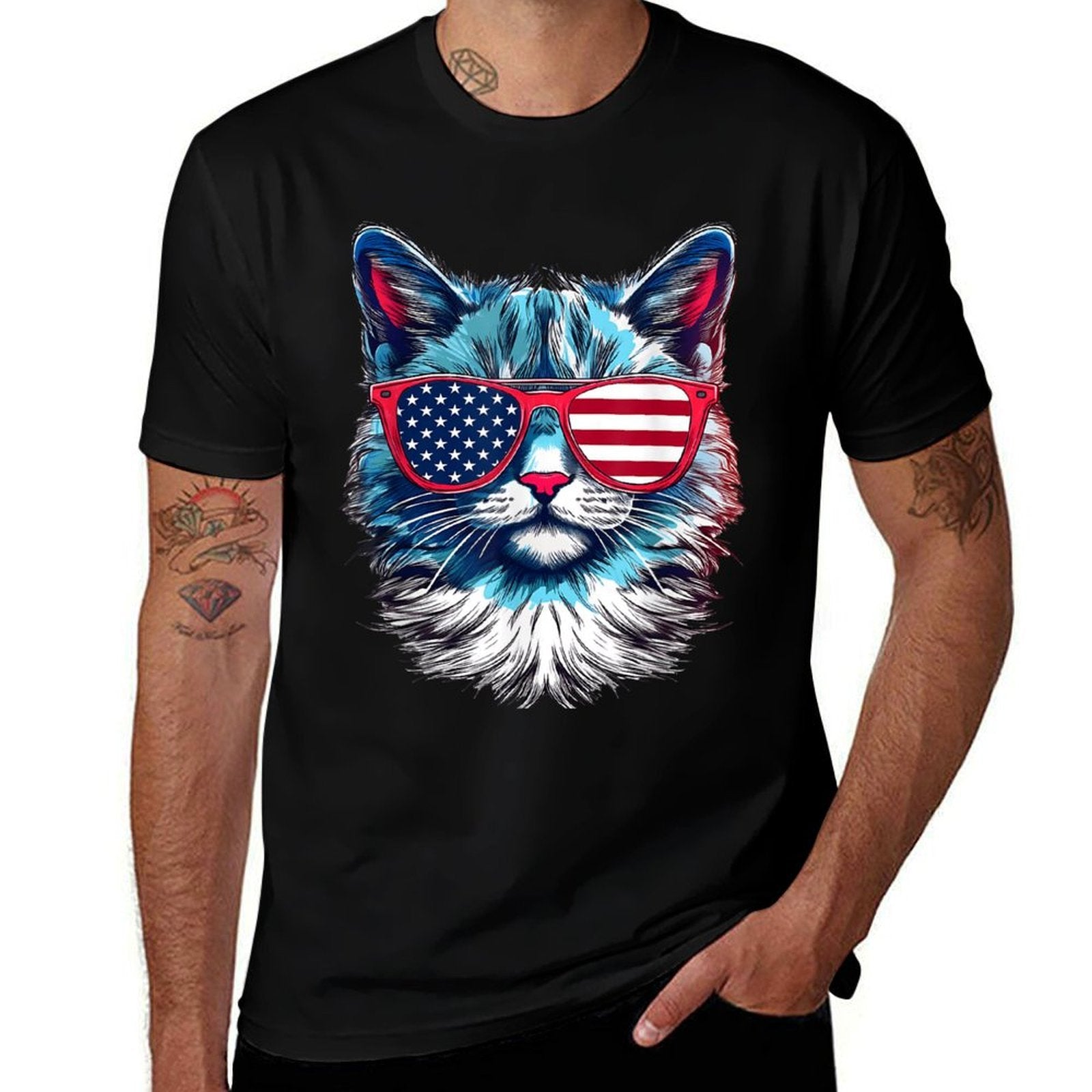 American Cat Sunglasses USA 4th of July Cat Graphic  Slim-fit Cut T-Shirt