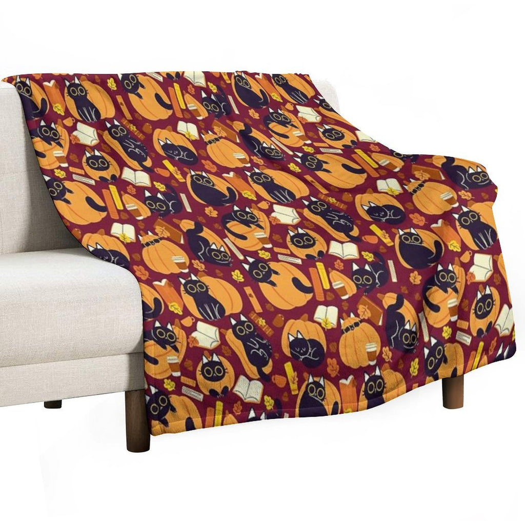Cats, Pumpkins And Books Machine-washable Throw Blanket