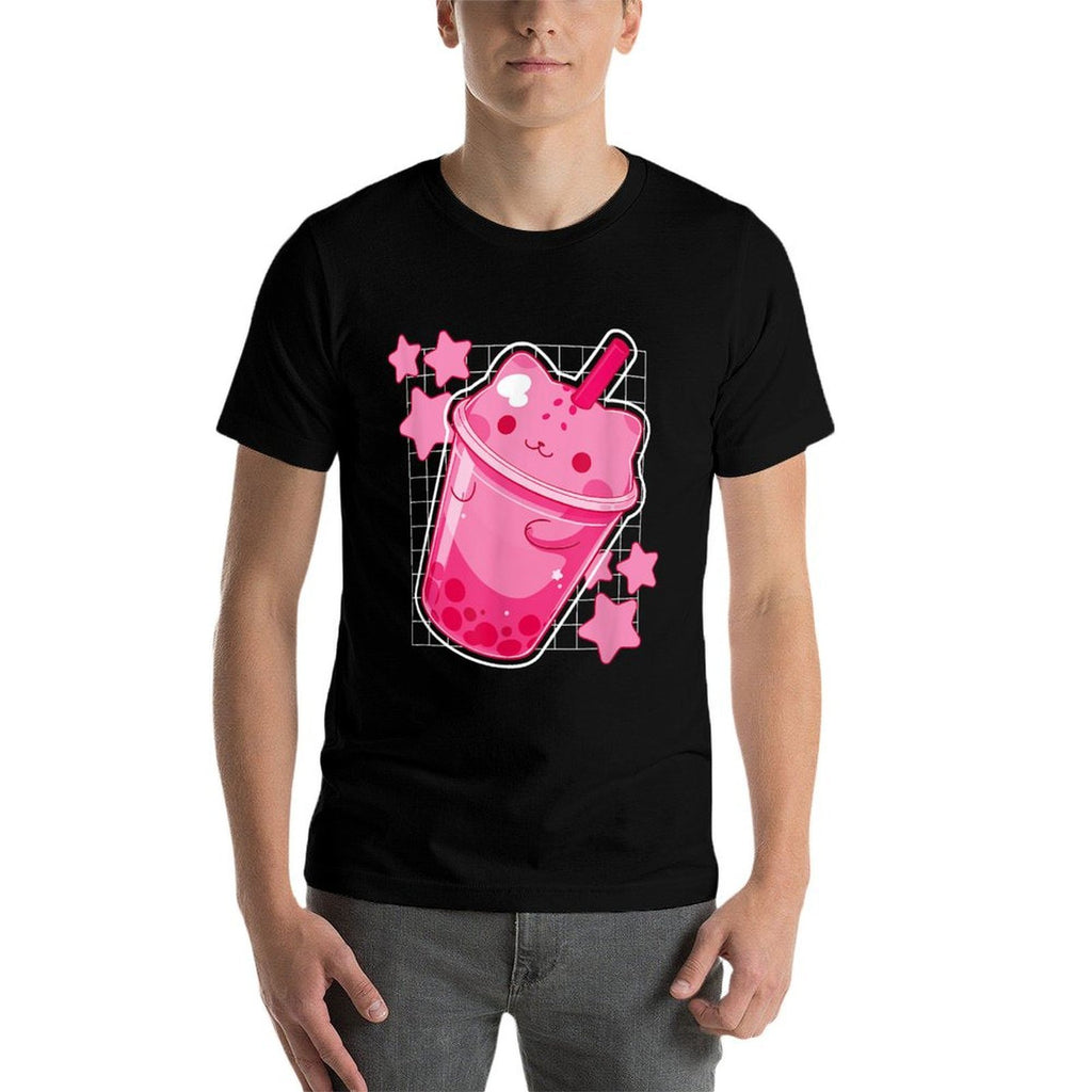 Kawaii Cat Boba Tea Funny Japanese Cat Pink Graphic  Slim-fit Cut T-Shirt