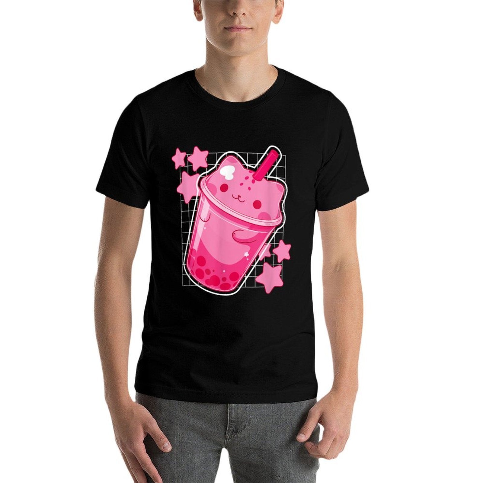 Kawaii Cat Boba Tea Funny Japanese Cat Pink Graphic  Slim-fit Cut T-Shirt