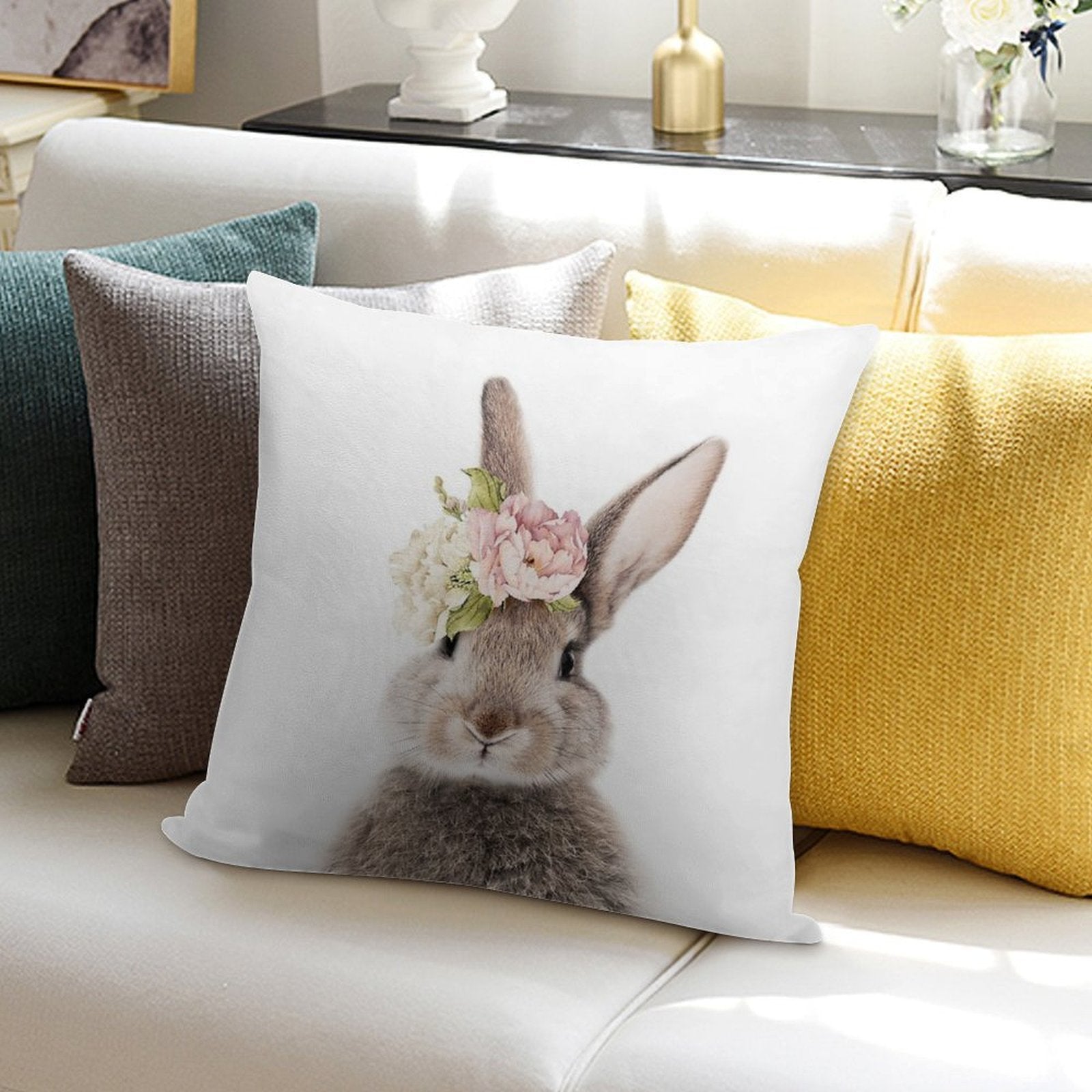 Peek-a-boo Floral Bunny Soft High-Density Material Throw Pillow