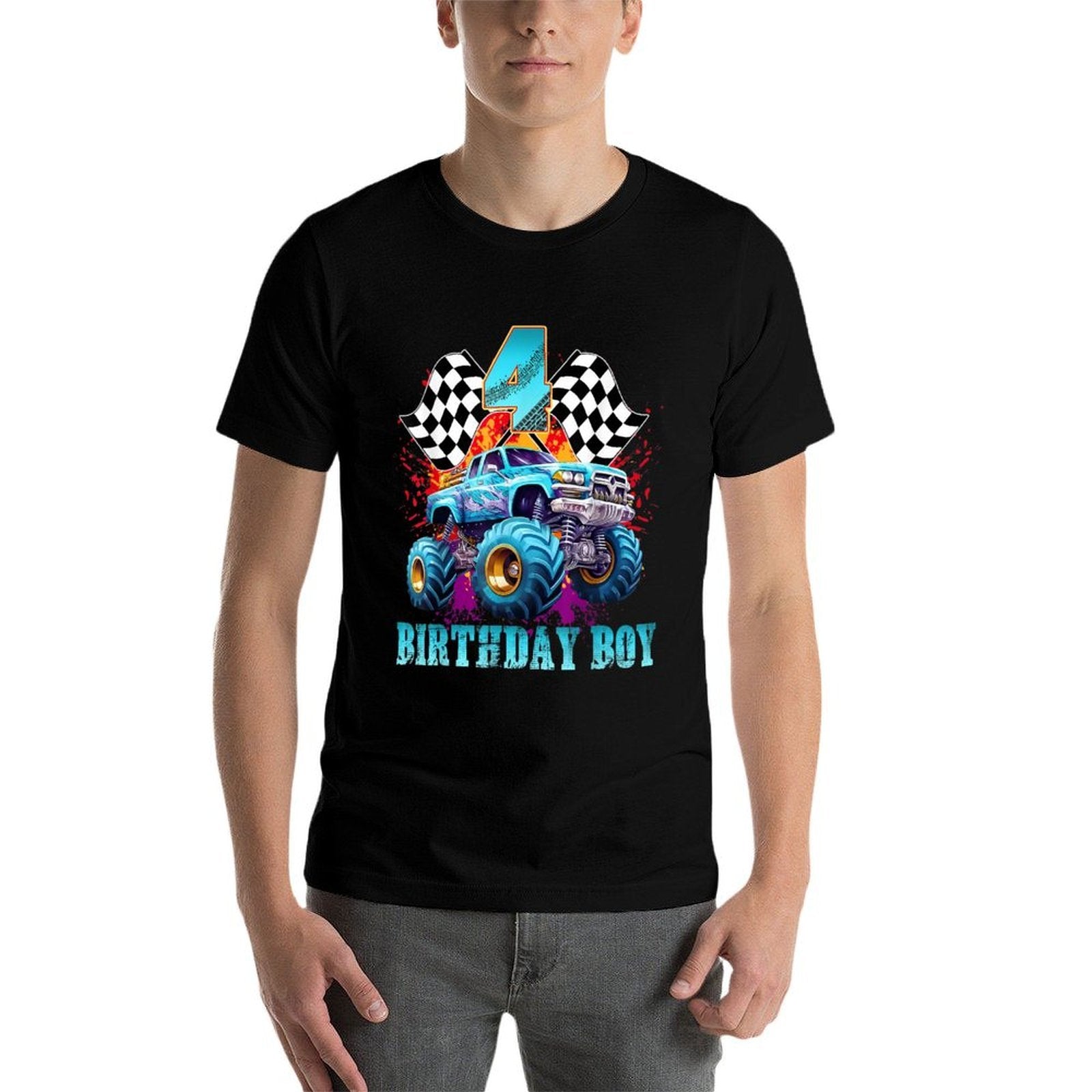 4 Year Old 4th Birthday Boys Monster Truck Car  Fade-proof Color T-Shirt